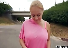 Blonde amateur teen show her big natural boobs in the street for cash