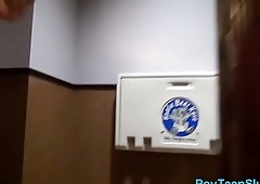 Pov teen blows in arcade toilet